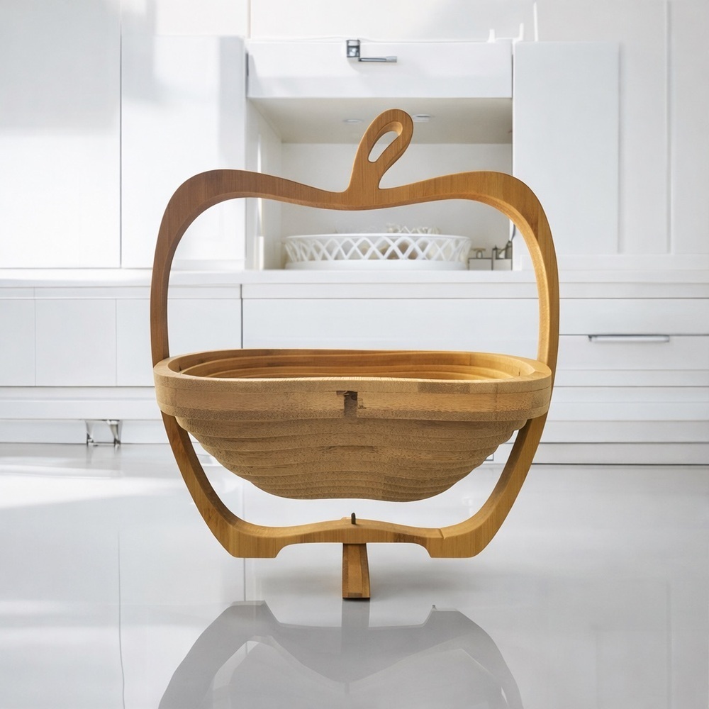 Apple Shaped Bamboo Expandable Trivet Fruit Basket Folding Wooden Kitchen Decor